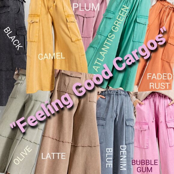 EASEL “Feeling Good Cargos” Mineral Washed Flared Leg, Raw Seams & Hems, Pockets - Picture 15 of 16